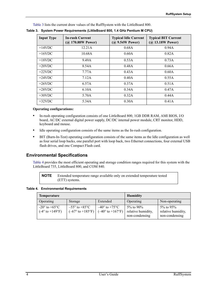 Environmental specifications, Table 3, Table 4 | Environmental requirements | ADLINK RuffSystem 735 User Manual | Page 8 / 20