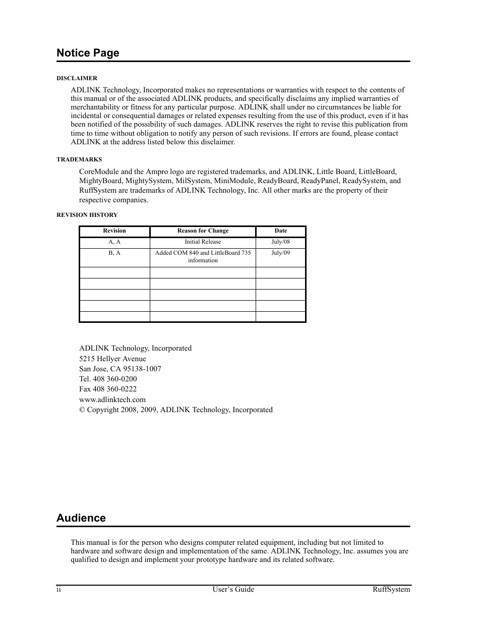 Notice page, Audience | ADLINK RuffSystem 800 User Manual | Page 2 / 20