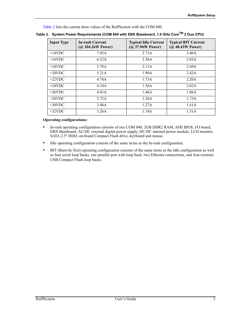 Table 2, System power requirements (com 840, 1.6 ghz core | ADLINK RuffSystem 840 User Manual | Page 7 / 20