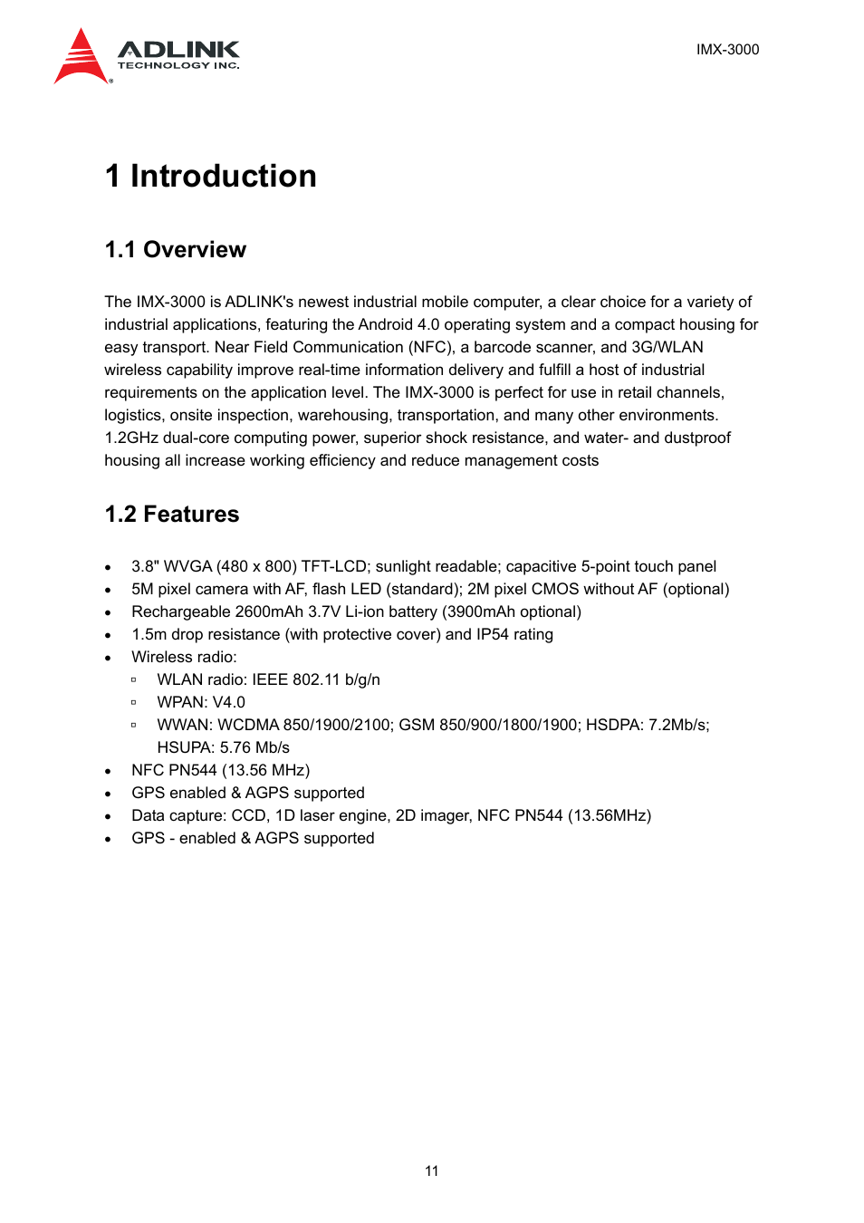 1 introduction, 1 overview, 2 features | ADLINK IMX-3000 User Manual | Page 11 / 57