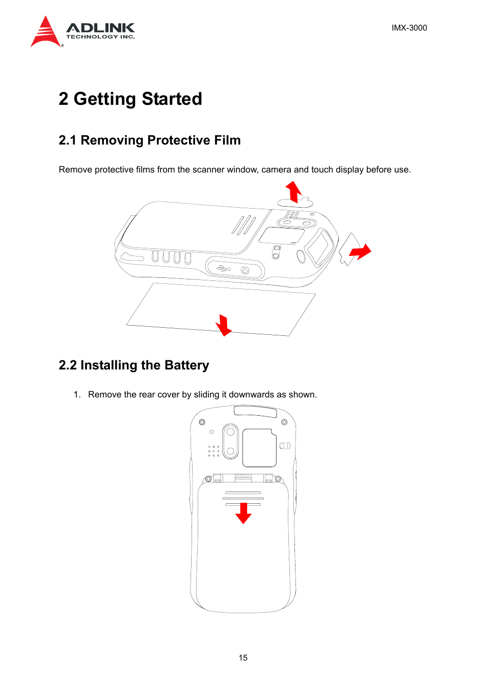 2 getting started, 1 removing protective film, 2 installing the battery | ADLINK IMX-3000 User Manual | Page 15 / 57