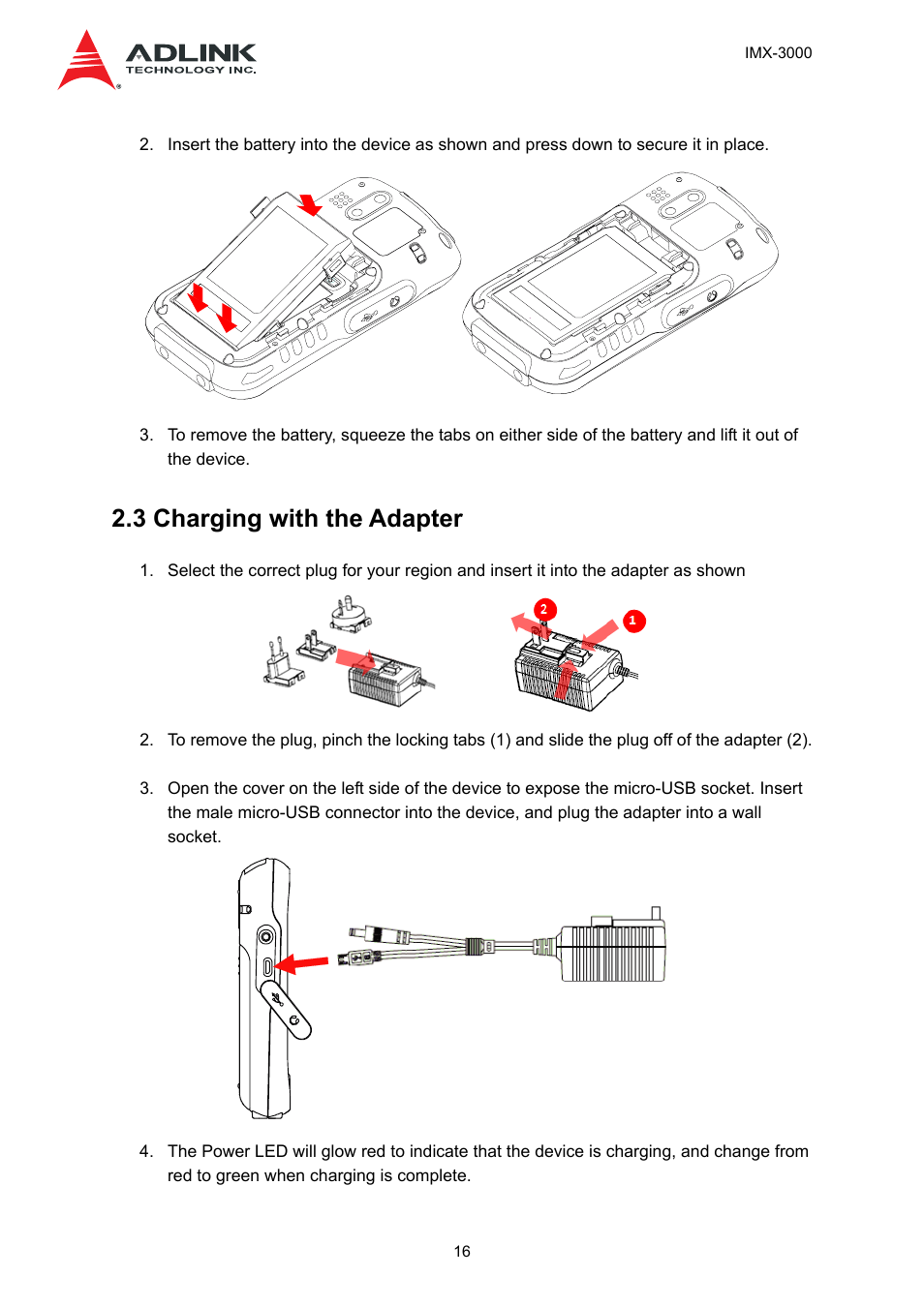 3 charging with the adapter | ADLINK IMX-3000 User Manual | Page 16 / 57