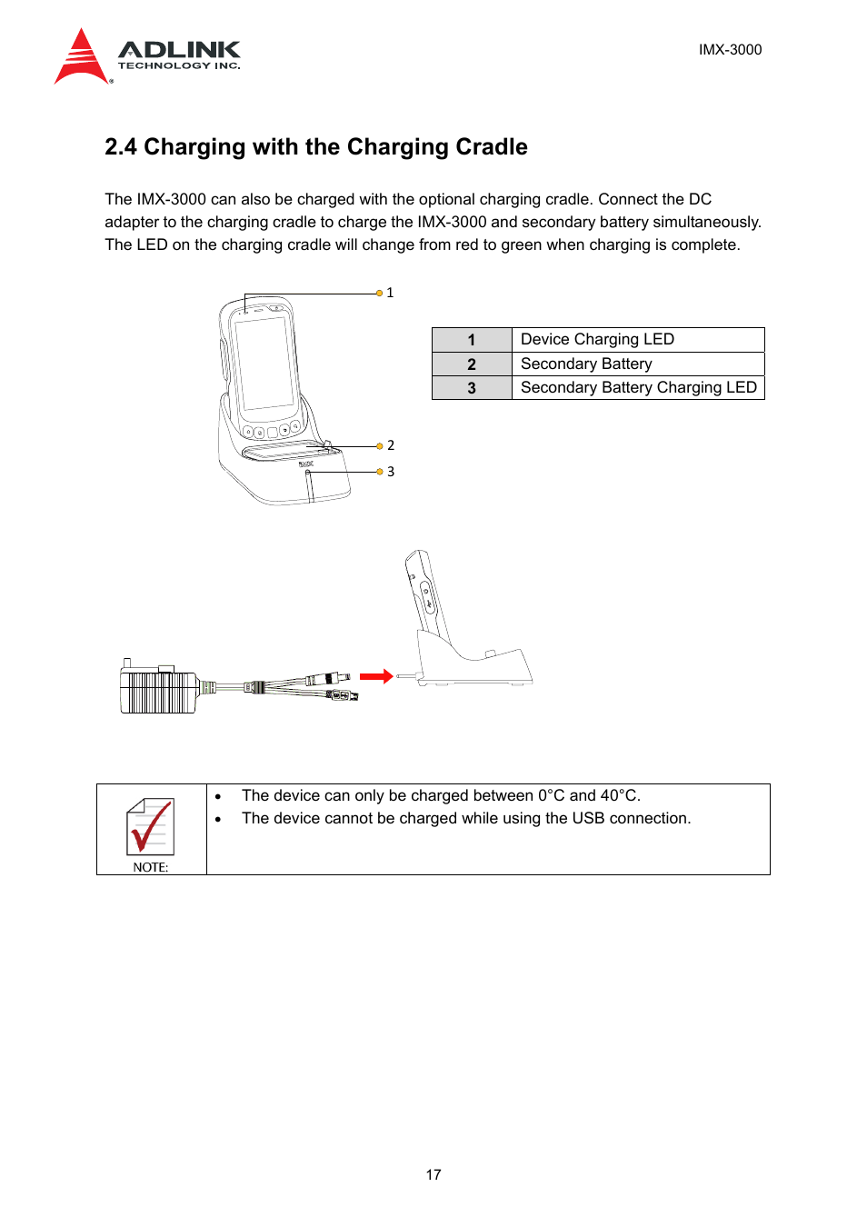 4 charging with the charging cradle | ADLINK IMX-3000 User Manual | Page 17 / 57