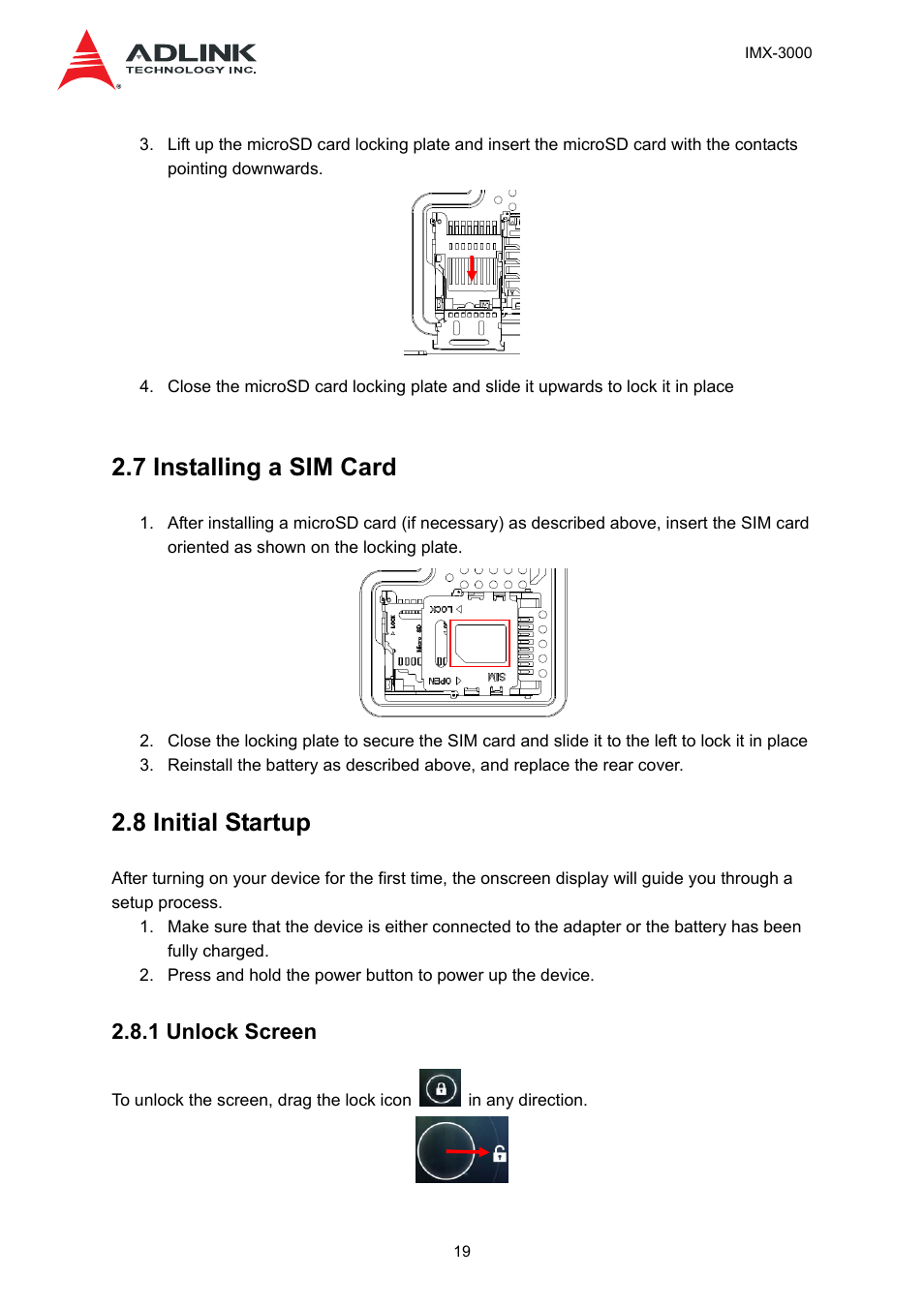 7 installing a sim card, 8 initial startup, 1 unlock screen | ADLINK IMX-3000 User Manual | Page 19 / 57