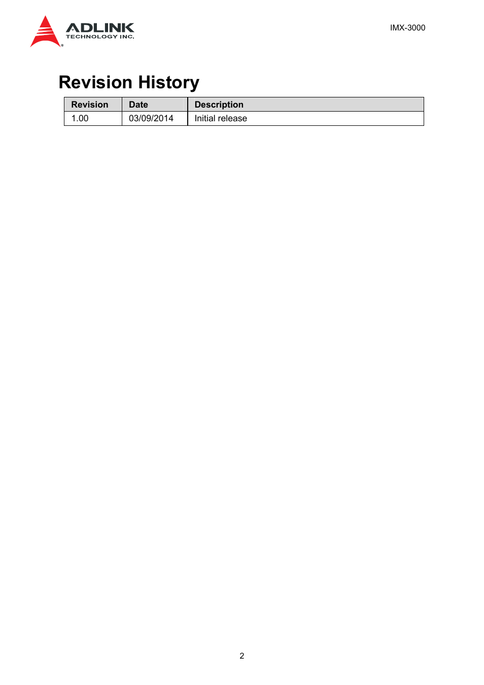 Revision history | ADLINK IMX-3000 User Manual | Page 2 / 57