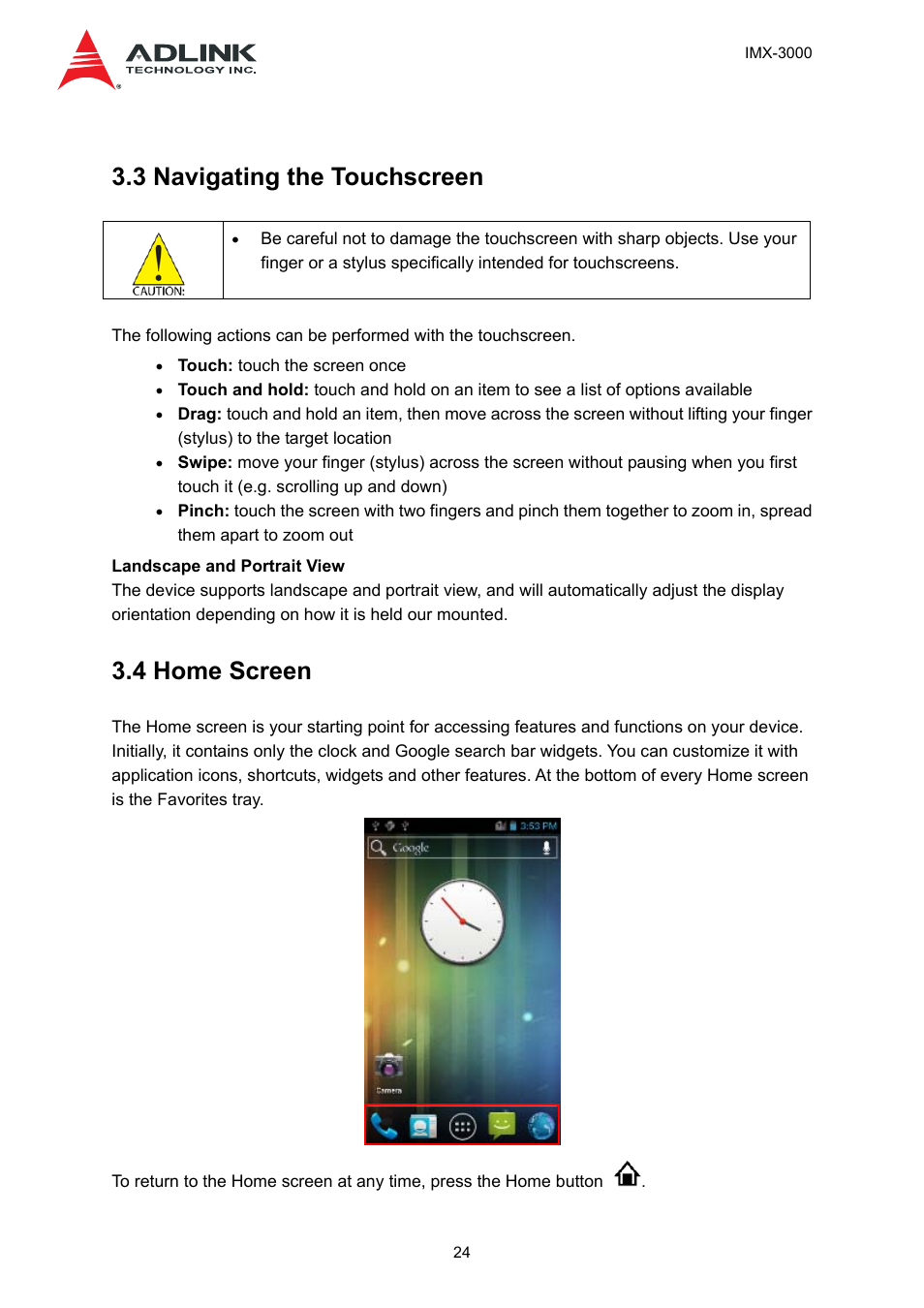 3 navigating the touchscreen, 4 home screen | ADLINK IMX-3000 User Manual | Page 24 / 57