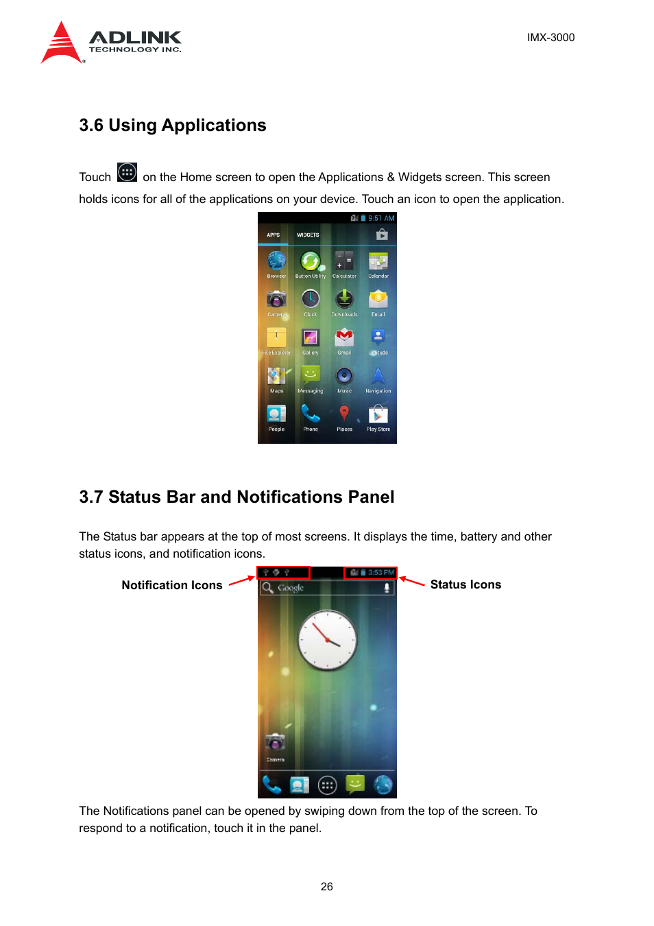 6 using applications, 7 status bar and notifications panel | ADLINK IMX-3000 User Manual | Page 26 / 57