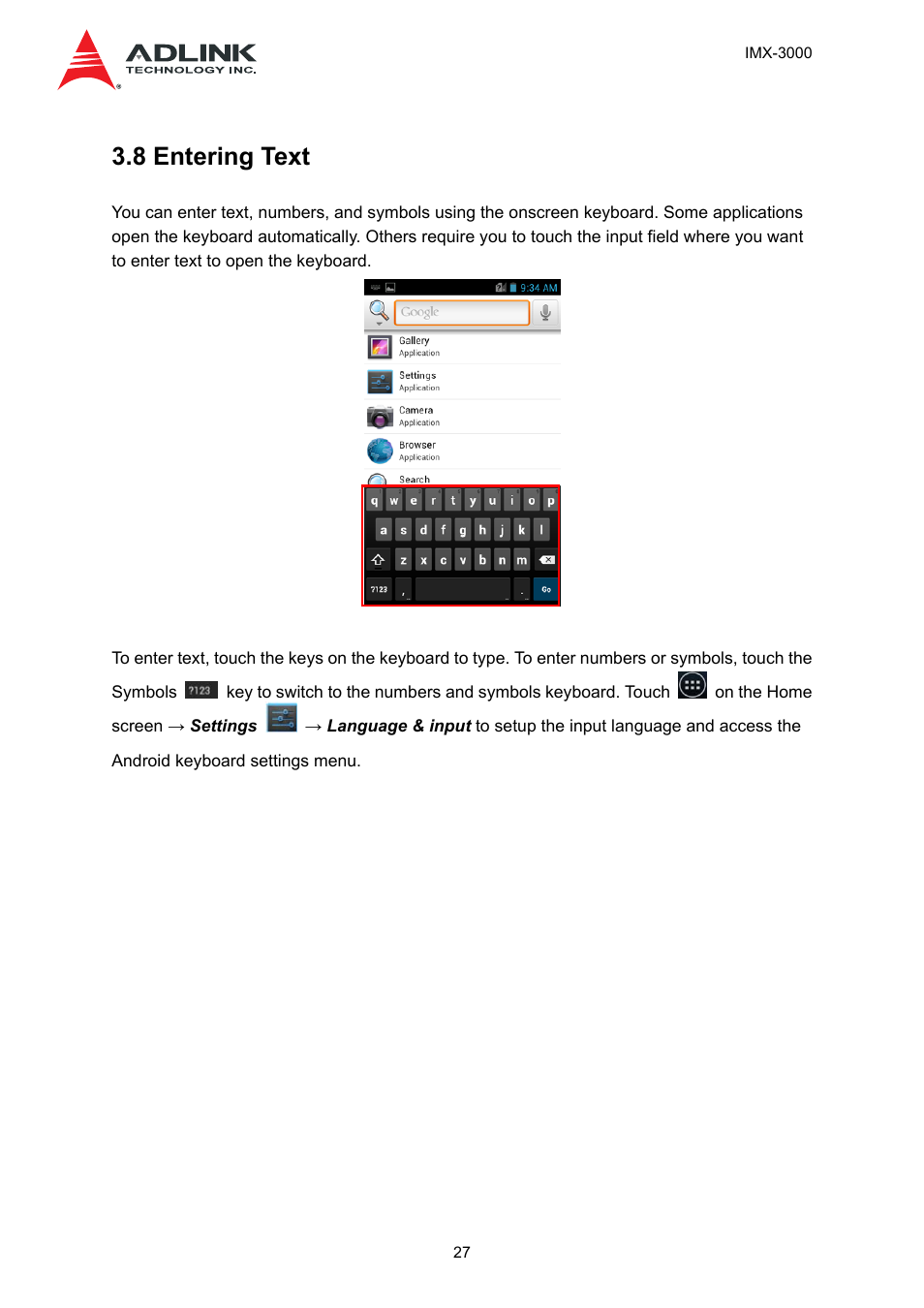 8 entering text | ADLINK IMX-3000 User Manual | Page 27 / 57
