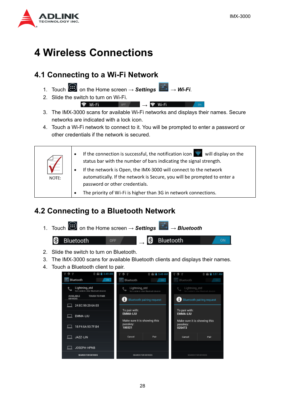 4 wireless connections, 1 connecting to a wi-fi network, 2 connecting to a bluetooth network | ADLINK IMX-3000 User Manual | Page 28 / 57