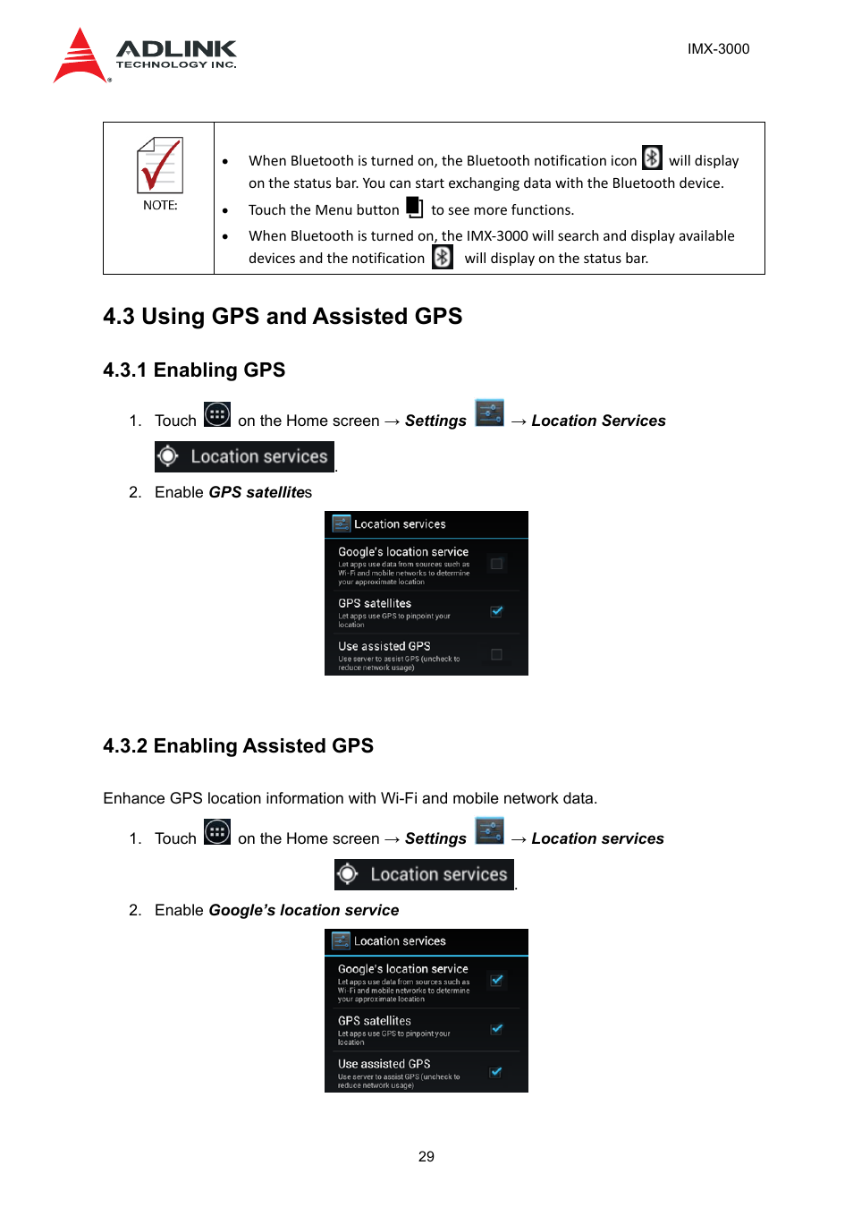 3 using gps and assisted gps, 1 enabling gps, 2 enabling assisted gps | ADLINK IMX-3000 User Manual | Page 29 / 57