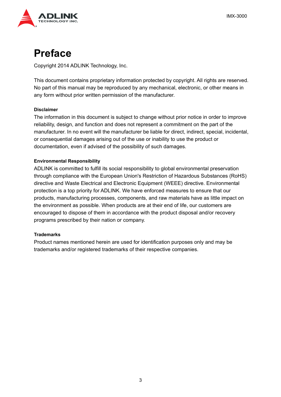 Preface | ADLINK IMX-3000 User Manual | Page 3 / 57