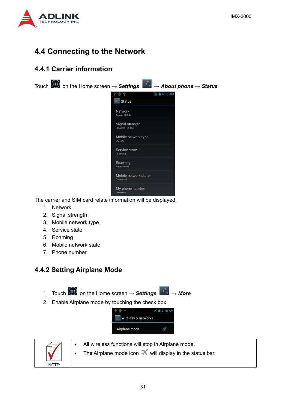 4 connecting to the network, 1 carrier information, 2 setting airplane mode | ADLINK IMX-3000 User Manual | Page 31 / 57