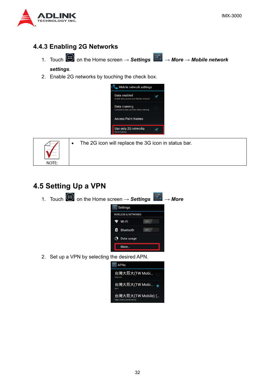 3 enabling 2g networks, 5 setting up a vpn | ADLINK IMX-3000 User Manual | Page 32 / 57