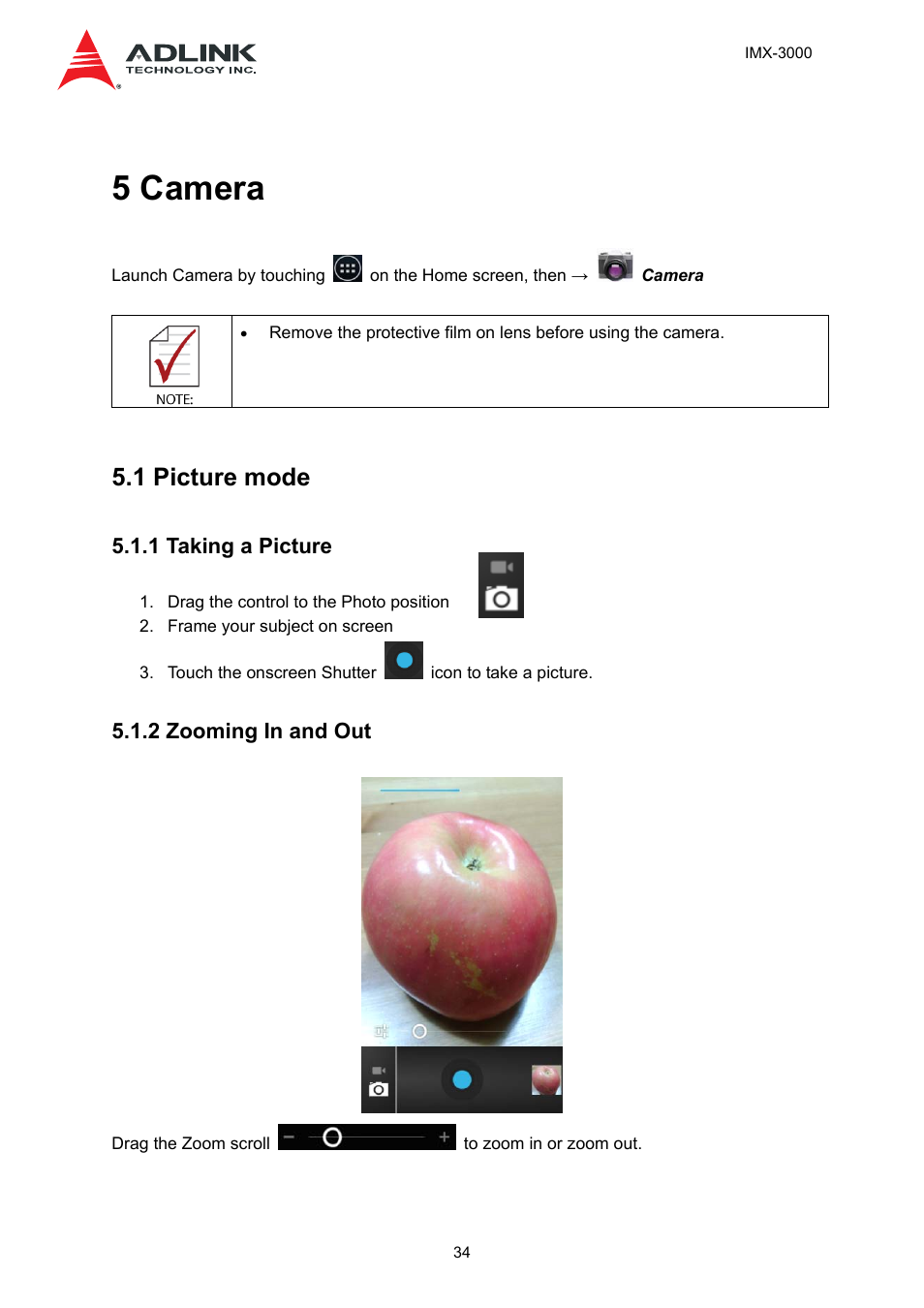 5 camera, 1 picture mode, 1 taking a picture | 2 zooming in and out | ADLINK IMX-3000 User Manual | Page 34 / 57