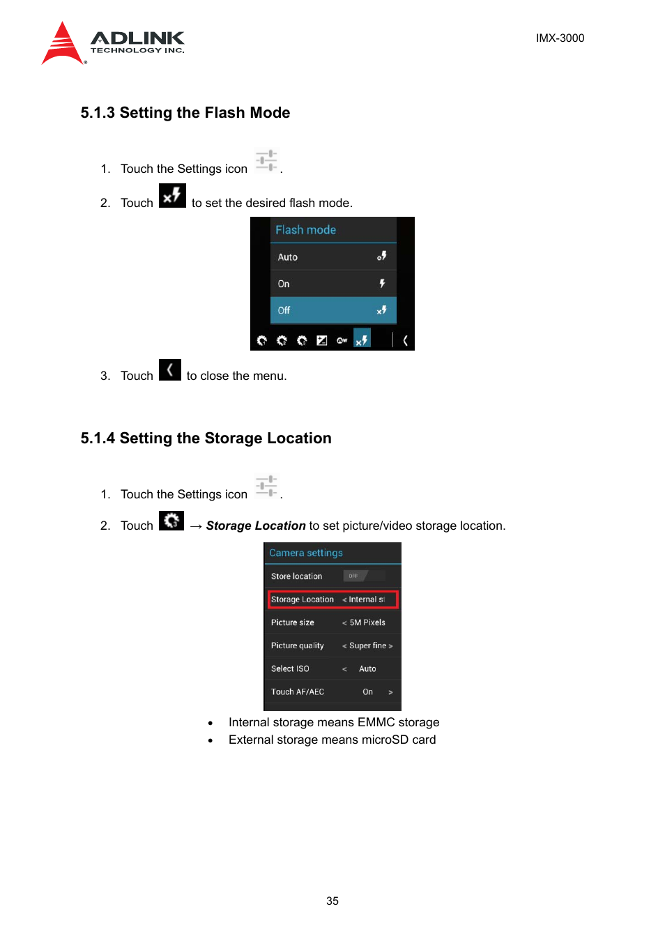 3 setting the flash mode, 4 setting the storage location | ADLINK IMX-3000 User Manual | Page 35 / 57