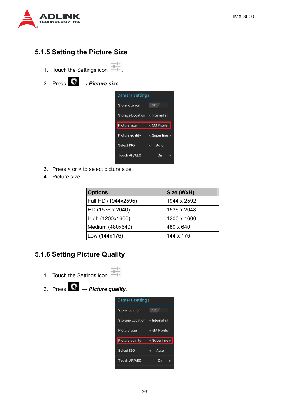 5 setting the picture size, 6 setting picture quality | ADLINK IMX-3000 User Manual | Page 36 / 57