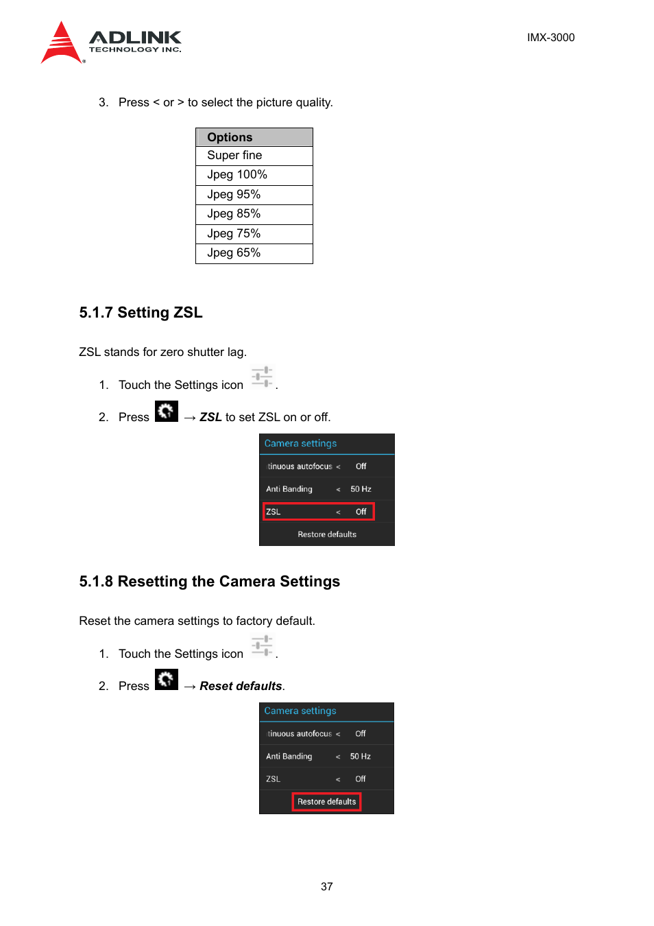7 setting zsl, 8 resetting the camera settings | ADLINK IMX-3000 User Manual | Page 37 / 57