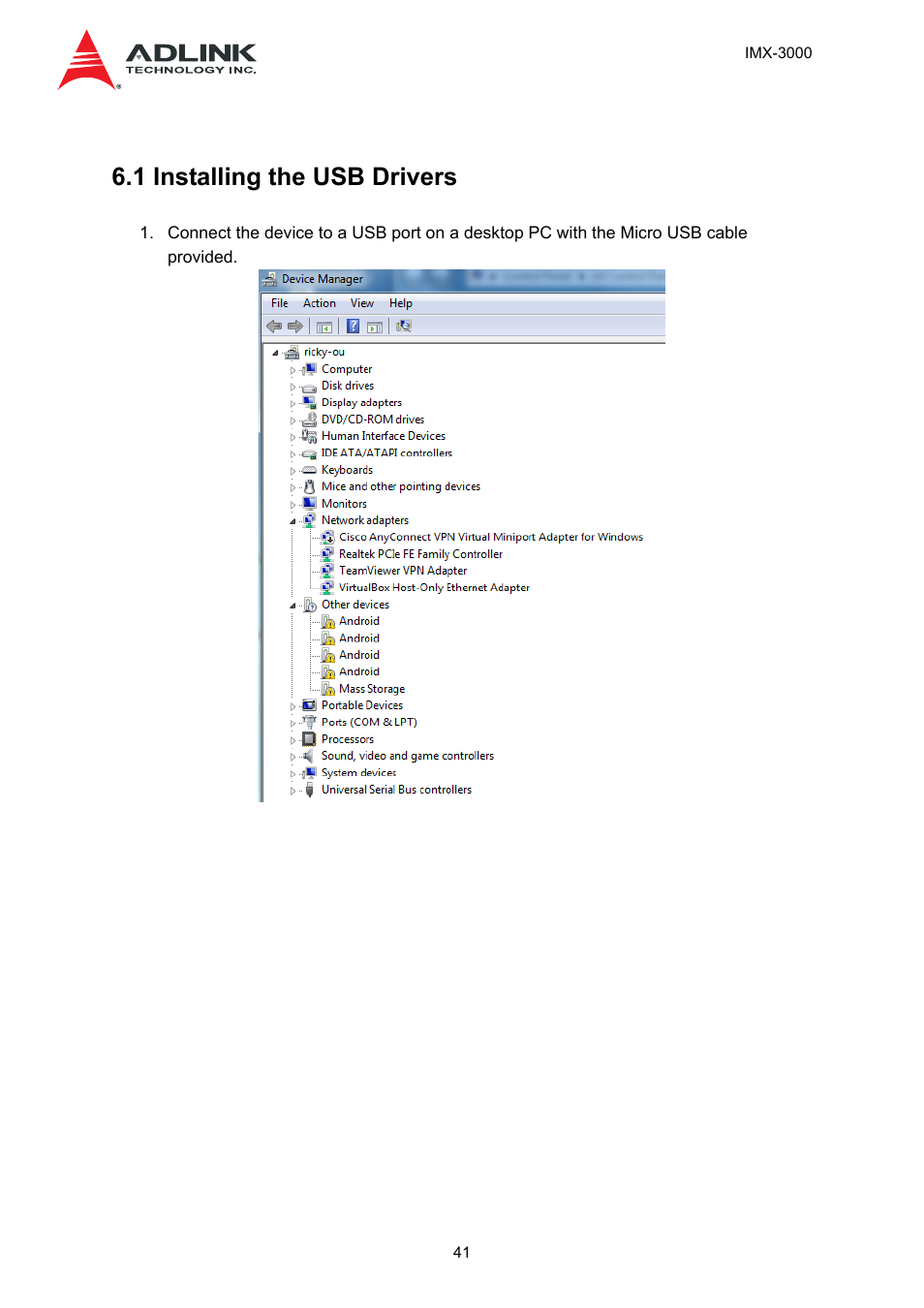 1 installing the usb drivers | ADLINK IMX-3000 User Manual | Page 41 / 57