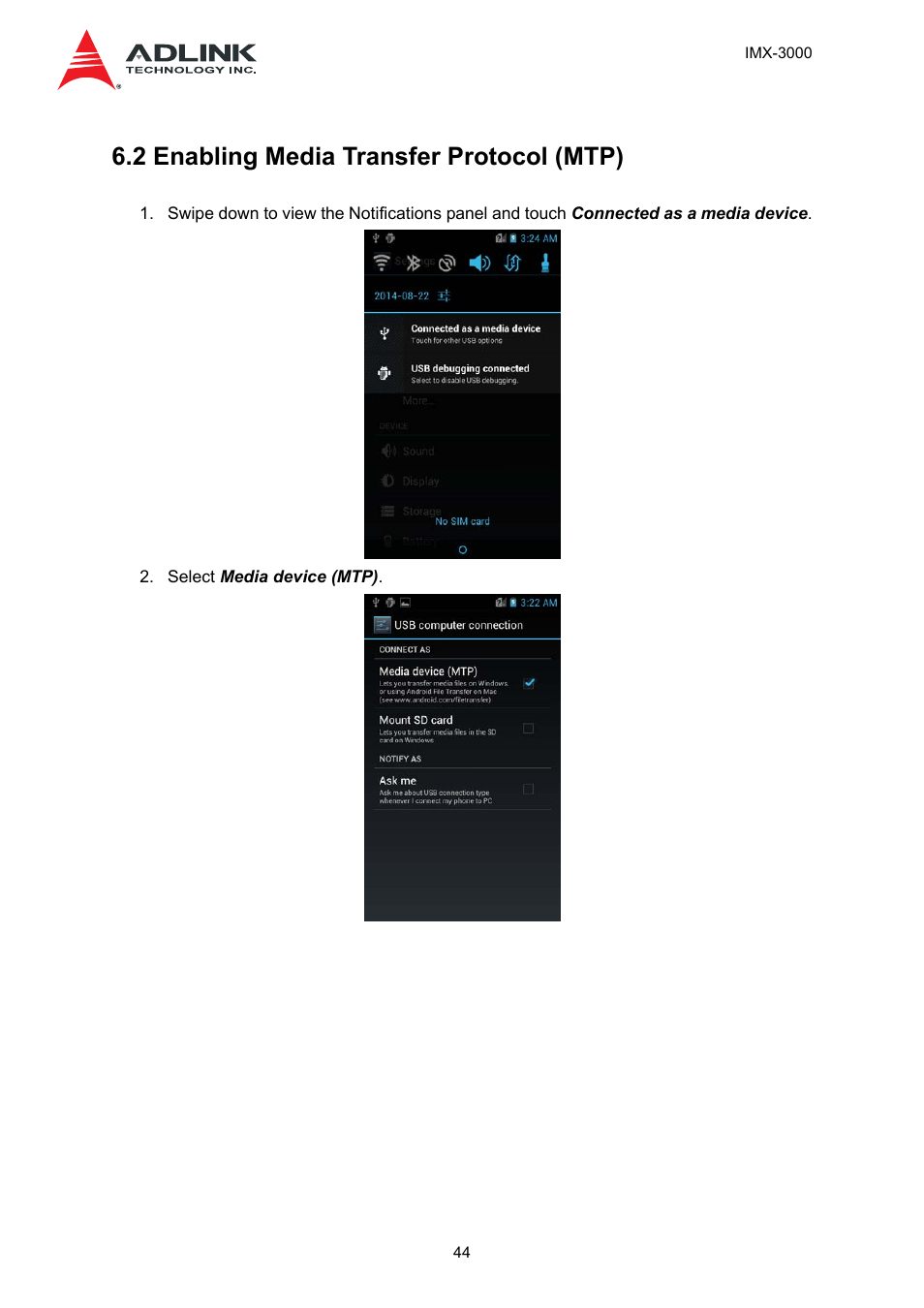 2 enabling media transfer protocol (mtp) | ADLINK IMX-3000 User Manual | Page 44 / 57
