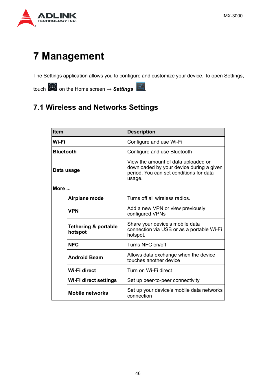 7 management, 1 wireless and networks settings | ADLINK IMX-3000 User Manual | Page 46 / 57