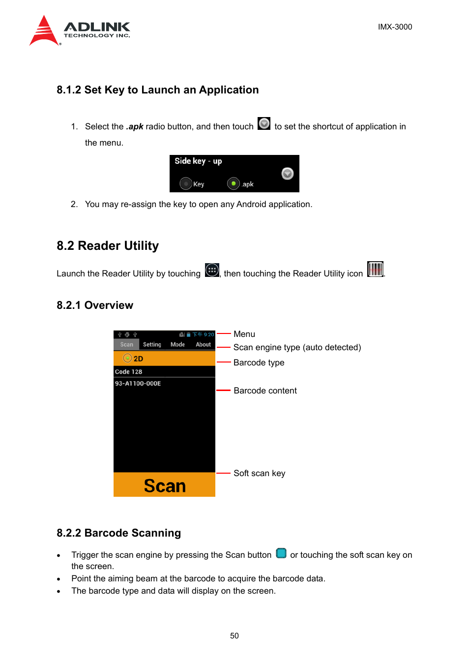 2 set key to launch an application, 2 reader utility, 1 overview | 2 barcode scanning | ADLINK IMX-3000 User Manual | Page 50 / 57