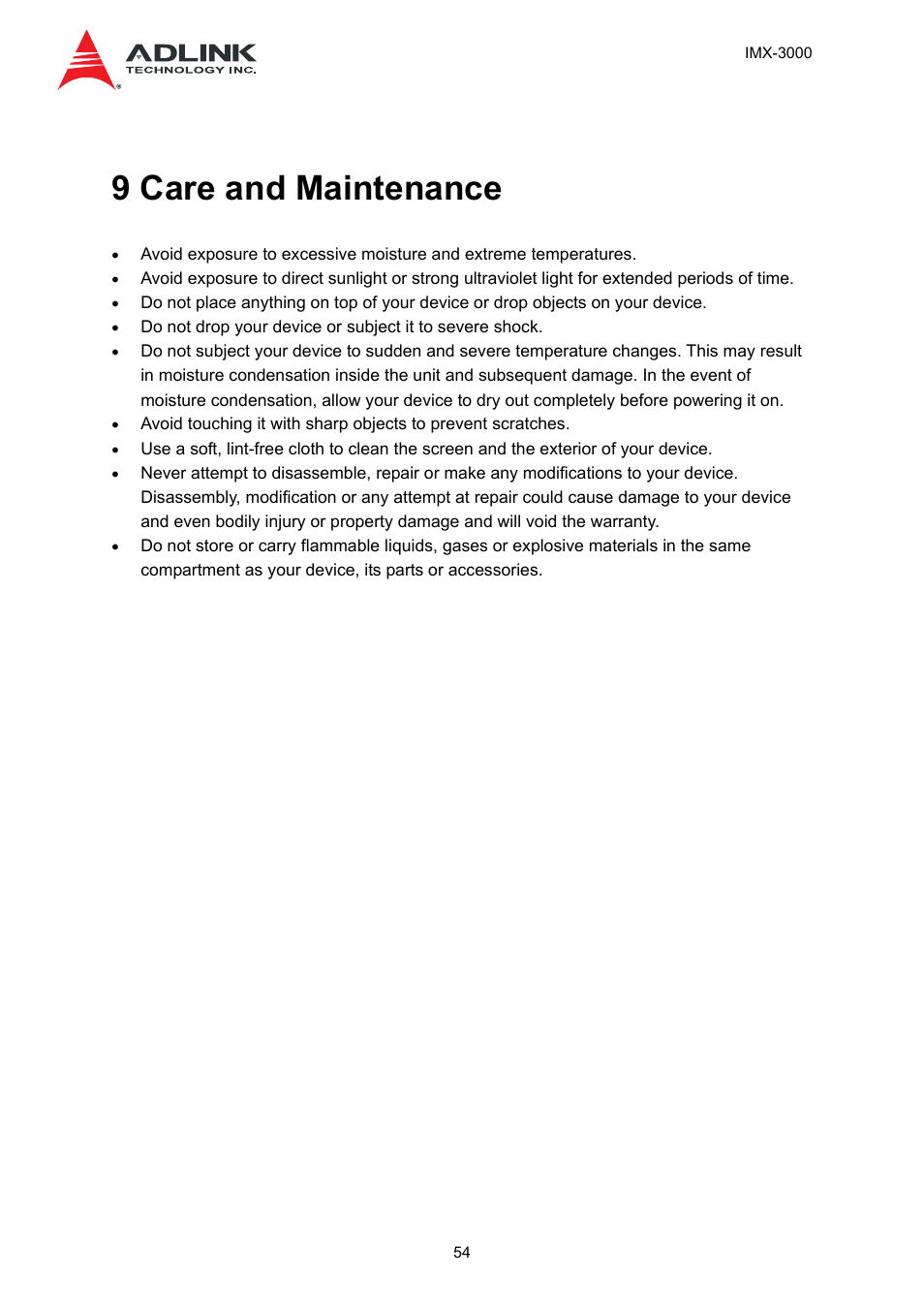 9 care and maintenance | ADLINK IMX-3000 User Manual | Page 54 / 57