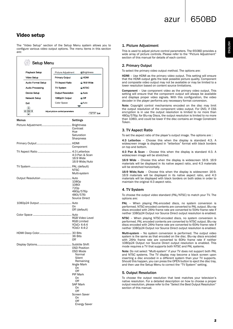 650bd azur, Video setup, Picture adjustment | Primary output, Tv aspect ratio, Tv system, Output resolution | Cambridge Audio AP26149/1 User Manual | Page 2 / 3