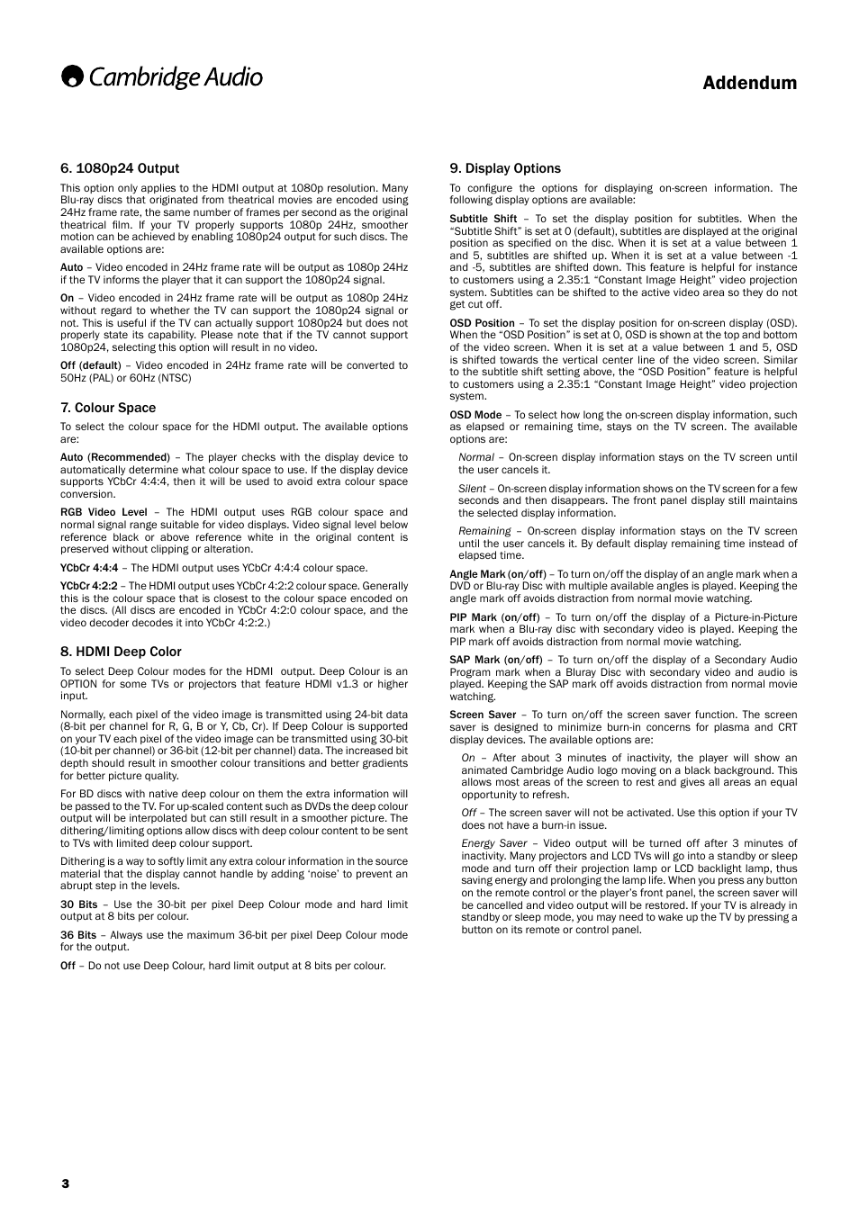 Addendum, Colour space, Hdmi deep color | Display options | Cambridge Audio AP26149/1 User Manual | Page 3 / 3