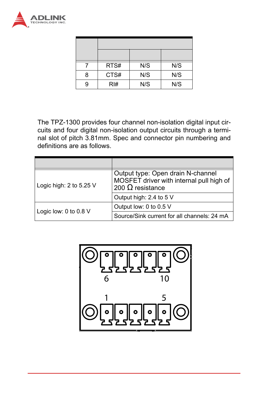 3 digital i/o connector, Digital i/o connector, Figure 1-10 | Di/o connector pin numbering, Table 1-6, D-sub 9p signal name of com1 & com2 ports | ADLINK iSeries Monitor 18/21 User Manual | Page 28 / 84