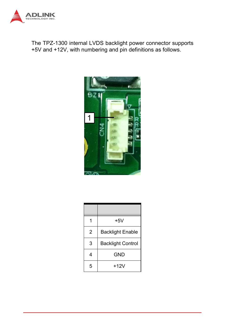 4 lvds backlight power connector (optional), Lvds backlight power connector (optional), Figure 1-15 | Lvds backlight power connector pin numbering, Table 1-11, Lvds backlight power connector pin definition | ADLINK iSeries Monitor 18/21 User Manual | Page 34 / 84