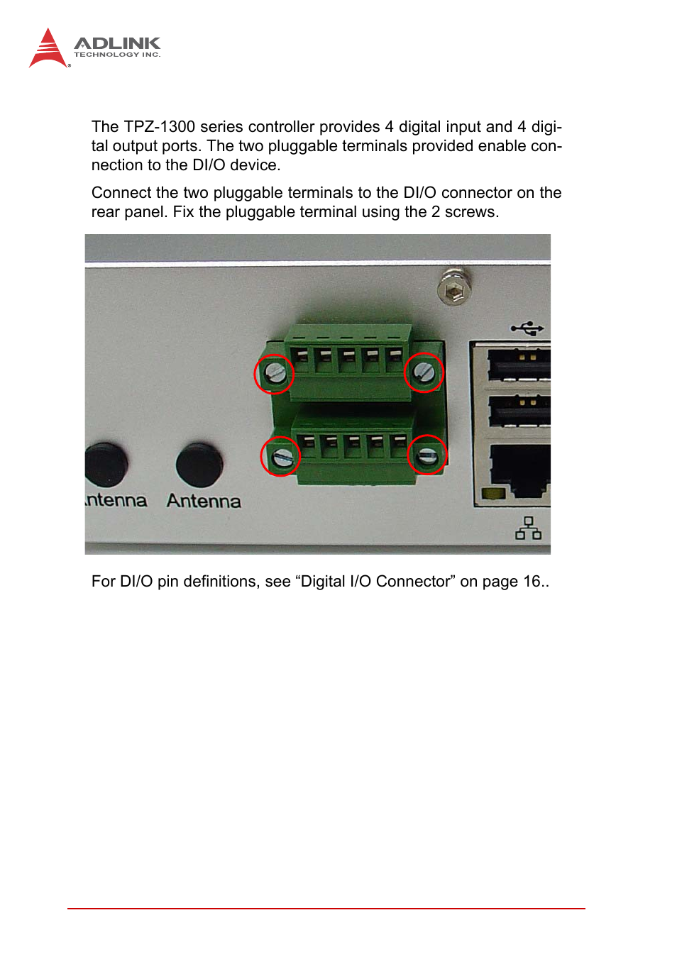 4 connecting di/o device, Connecting di/o device | ADLINK iSeries Monitor 18/21 User Manual | Page 46 / 84