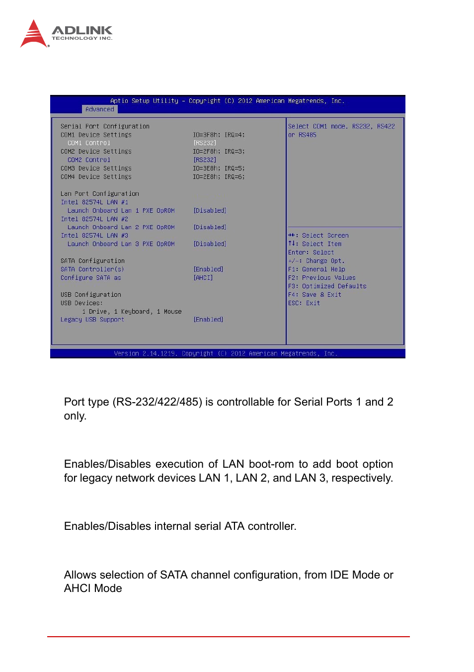 B.2.2 onboard device configuration, Serial port 1~4 configuration, Launch intel 82574 lan pxe oprom | Sata controller(s), Sata mode selection, B.2.2, Onboard device configuration | ADLINK iSeries Monitor 18/21 User Manual | Page 68 / 84