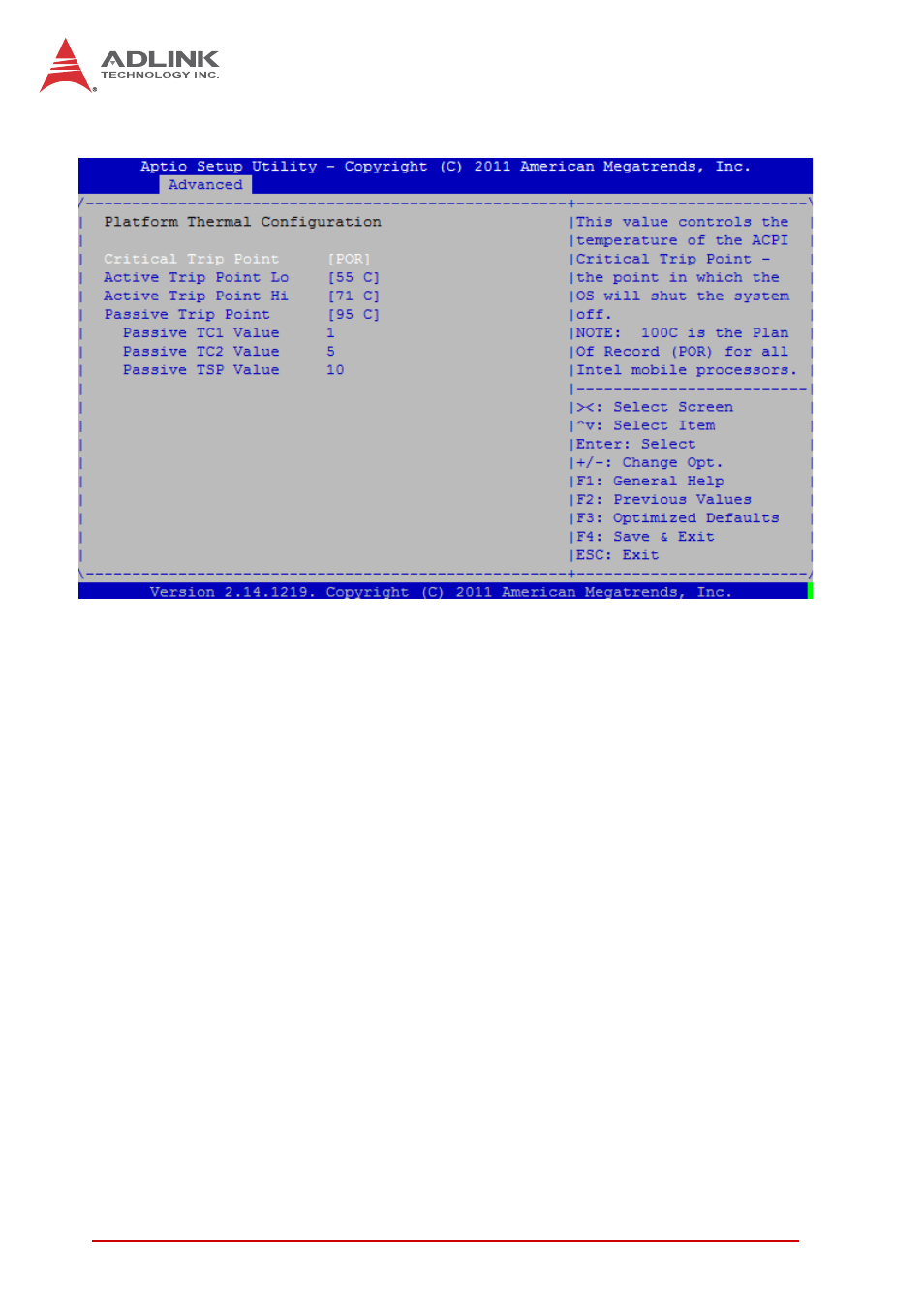 Platform thermal configuration, Critical trip point, Active trip point lo fan speed | Active trip point hi fan speed | ADLINK STC-15W04 User Manual | Page 38 / 66