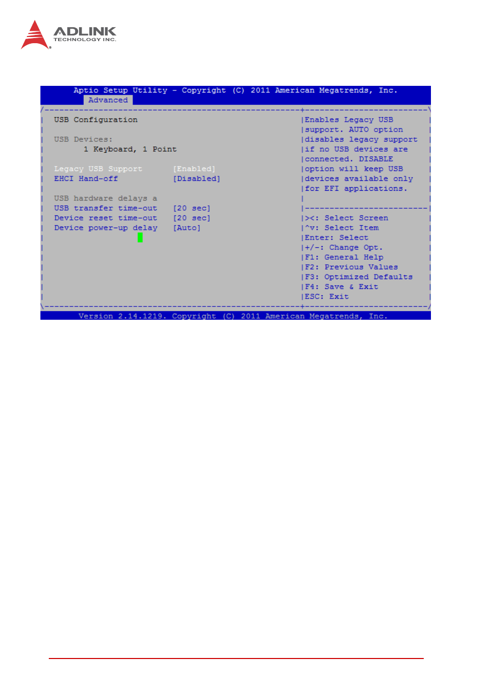 5 usb configuration, Legacy usb support, Ehci hand-off | Usb transfer time-out, Device reset time-out | ADLINK STC-15W04 User Manual | Page 42 / 66