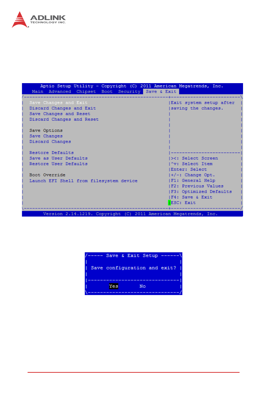 8 save & exit menu, Save changes and exit, Save & exit menu | ADLINK STC-15W04 User Manual | Page 58 / 66