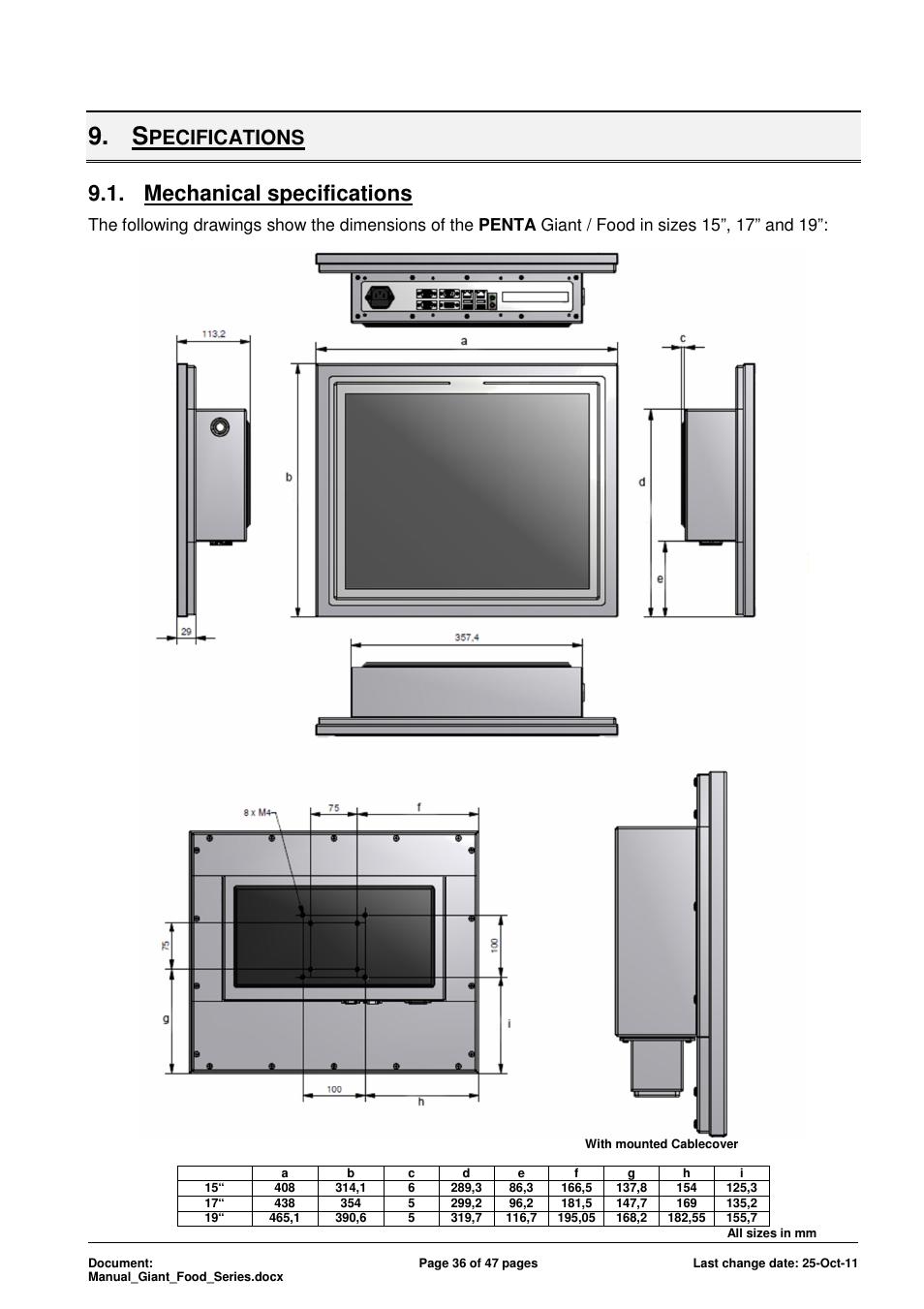 Mechanical specifications, Pecifications | ADLINK Food-D19 IP69k User Manual | Page 36 / 47