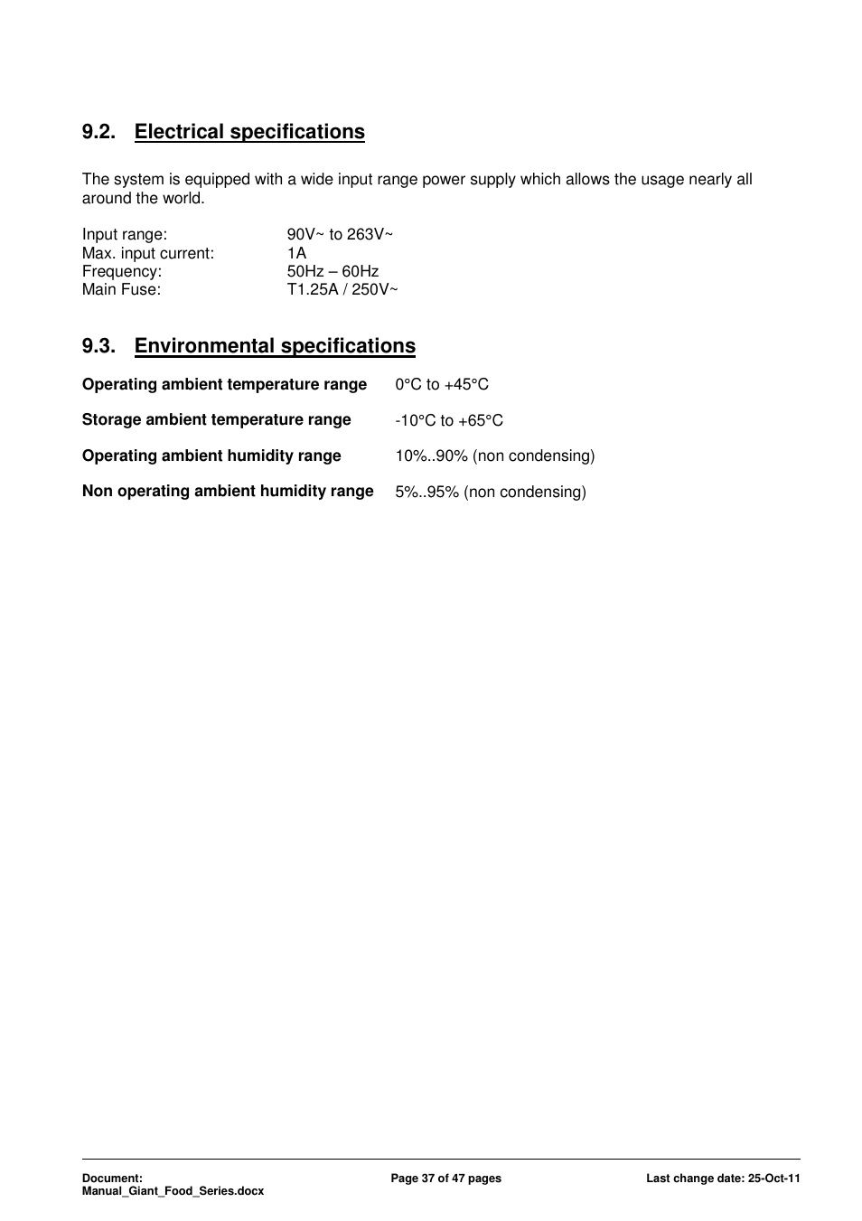 Electrical specifications, Environmental specifications | ADLINK Food-D19 IP69k User Manual | Page 37 / 47