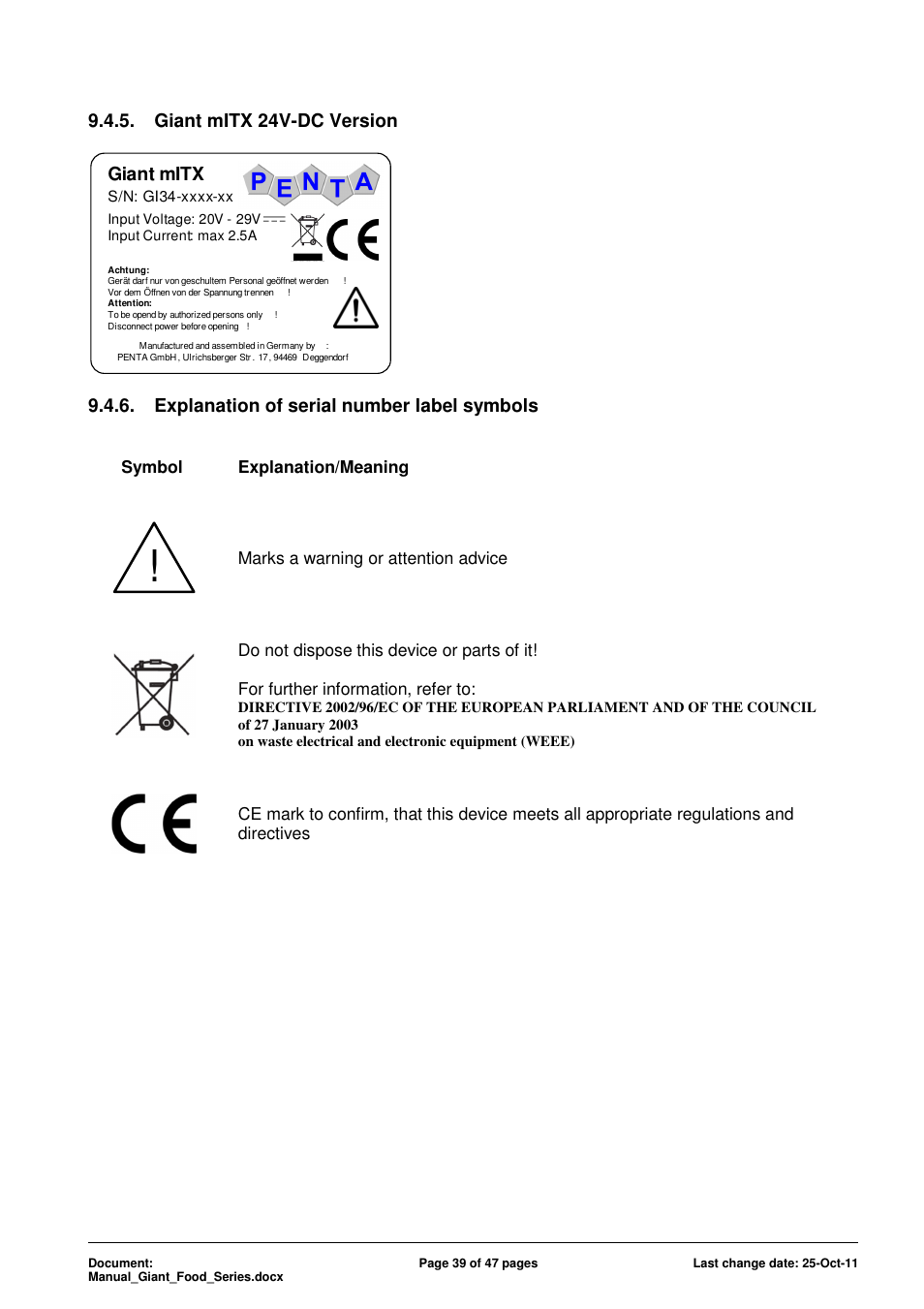 Giant mitx 24v-dc version giant mitx, Explanation of serial number label symbols | ADLINK Food-D19 IP69k User Manual | Page 39 / 47