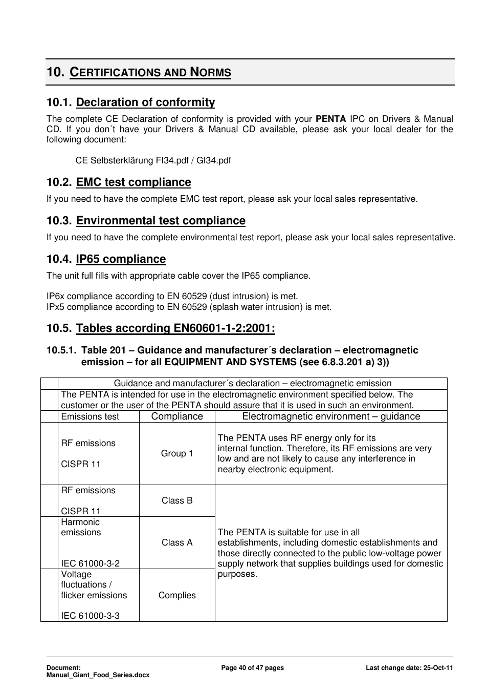 Declaration of conformity, Emc test compliance, Environmental test compliance | Ip65 compliance | ADLINK Food-D19 IP69k User Manual | Page 40 / 47