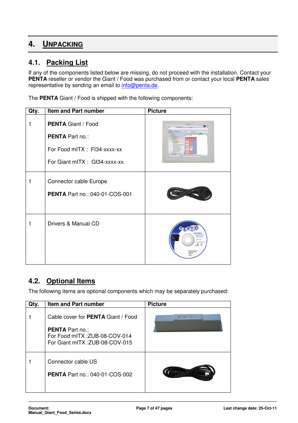 Packing list, Optional items, Npacking | ADLINK Food-D19 IP69k User Manual | Page 7 / 47