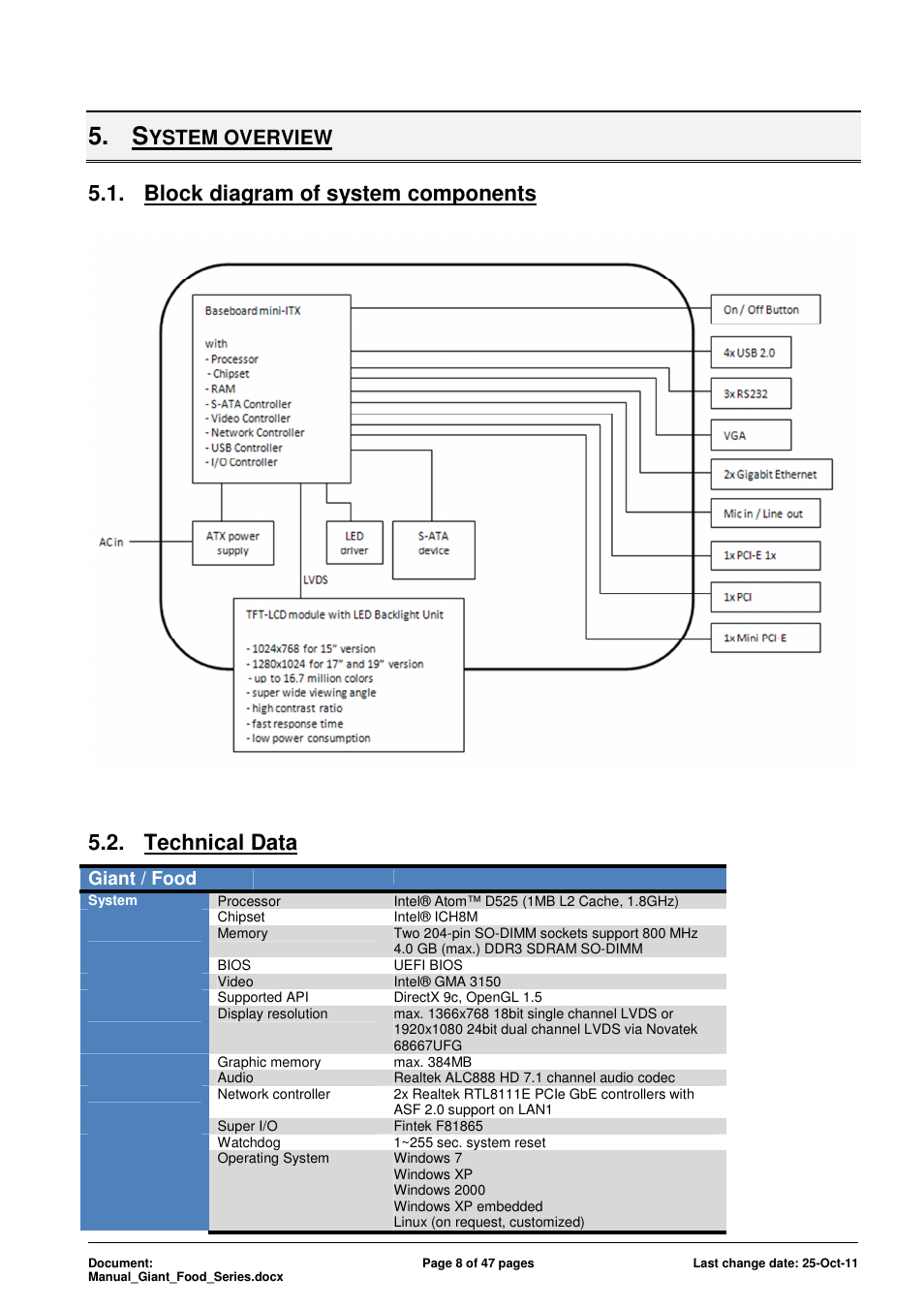 Block diagram of system components, Technical data, Ystem overview | Giant / food | ADLINK Food-D19 IP69k User Manual | Page 8 / 47