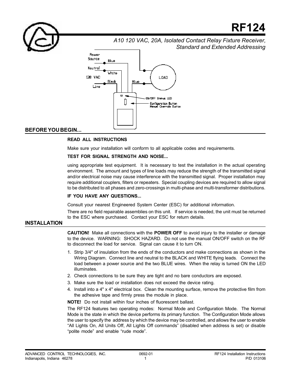 Advanced Control Technologies RF124 (A10 120VAC, 20A, ISOLATEDCONTACT RELAY FIXTURE RECEIVER) User Manual | 3 pages