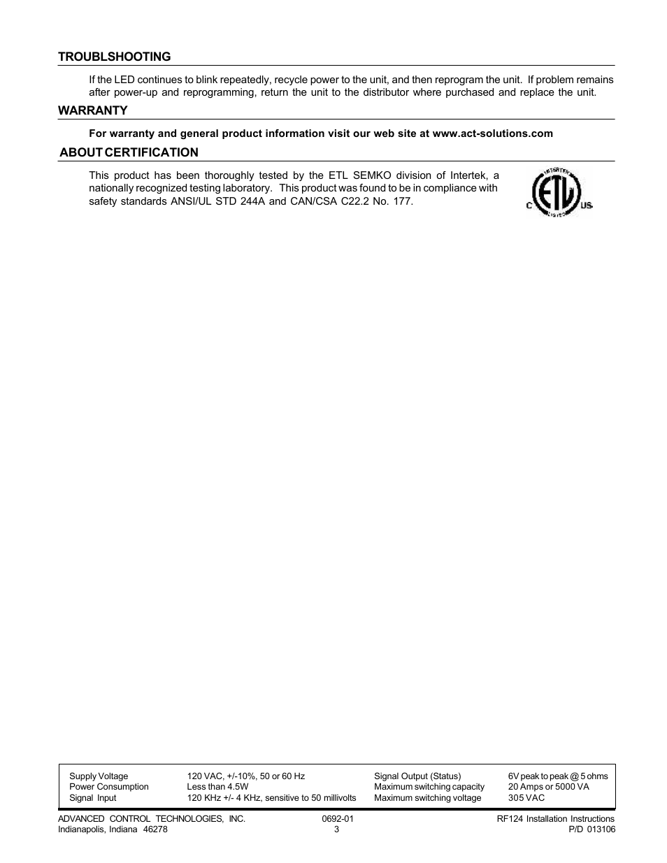 Troublshooting, Warranty, About certification | Advanced Control Technologies RF124 (A10 120VAC, 20A, ISOLATEDCONTACT RELAY FIXTURE RECEIVER) User Manual | Page 3 / 3