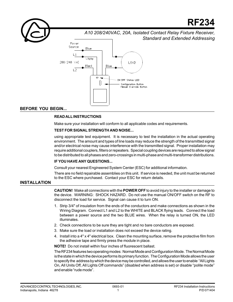 Advanced Control Technologies RF234 (A10 208/240VAC, 20A, ISOLATEDCONTACT RELAY FIXTURE RECEIVER) User Manual | 3 pages