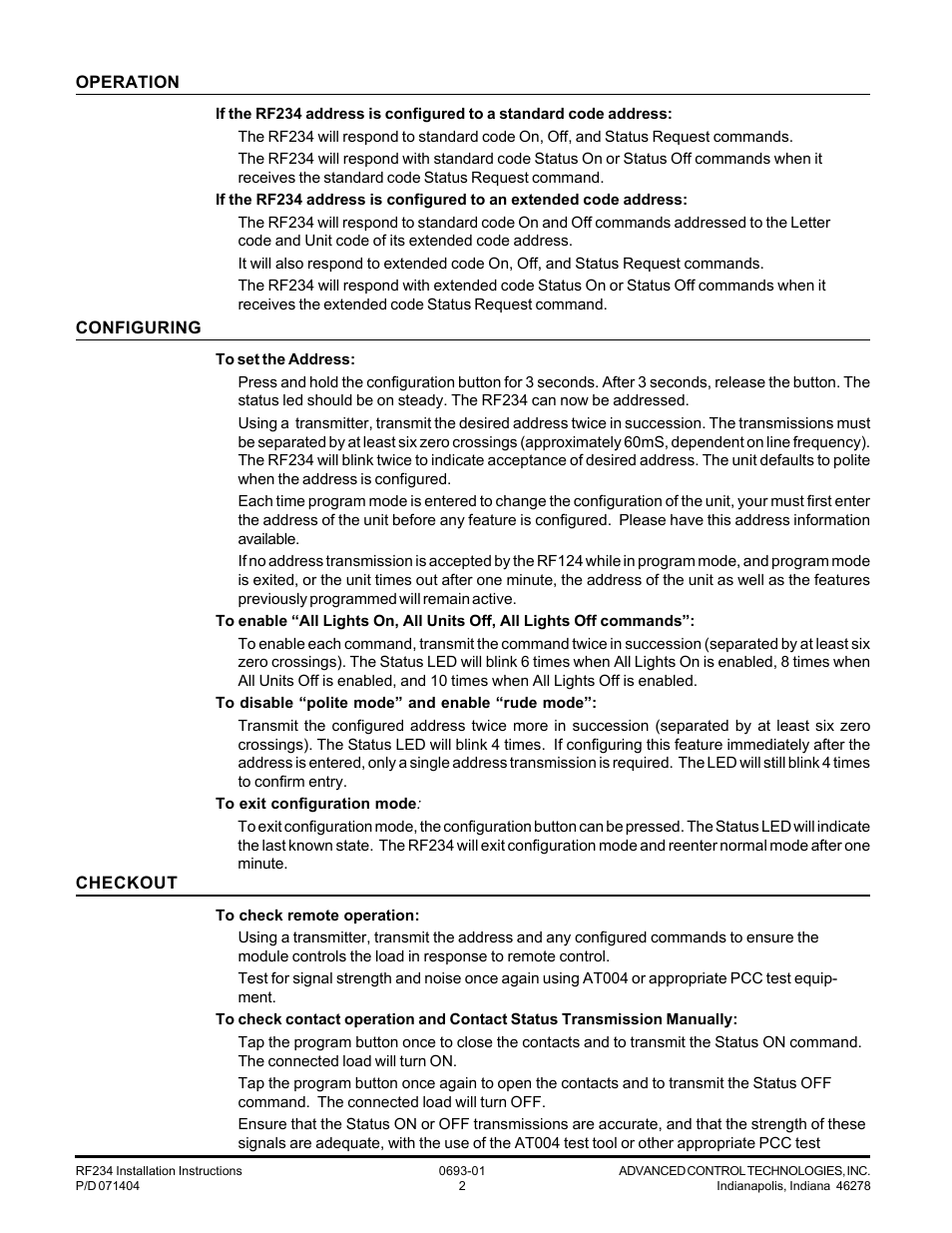 Advanced Control Technologies RF234 (A10 208/240VAC, 20A, ISOLATEDCONTACT RELAY FIXTURE RECEIVER) User Manual | Page 2 / 3