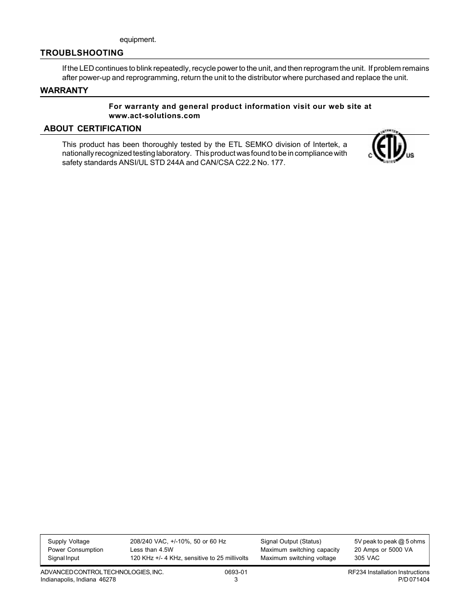 Troublshooting, Warranty, About certification | Advanced Control Technologies RF234 (A10 208/240VAC, 20A, ISOLATEDCONTACT RELAY FIXTURE RECEIVER) User Manual | Page 3 / 3