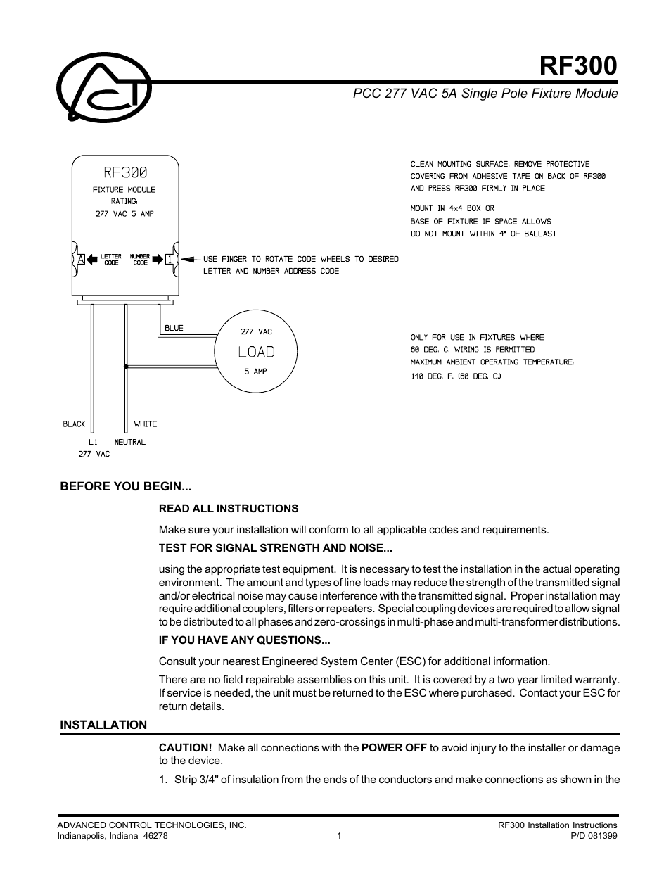 Advanced Control Technologies RF300 (000 06726-000 FIXTUREMODULE, 277 VAC 5A) User Manual | 2 pages