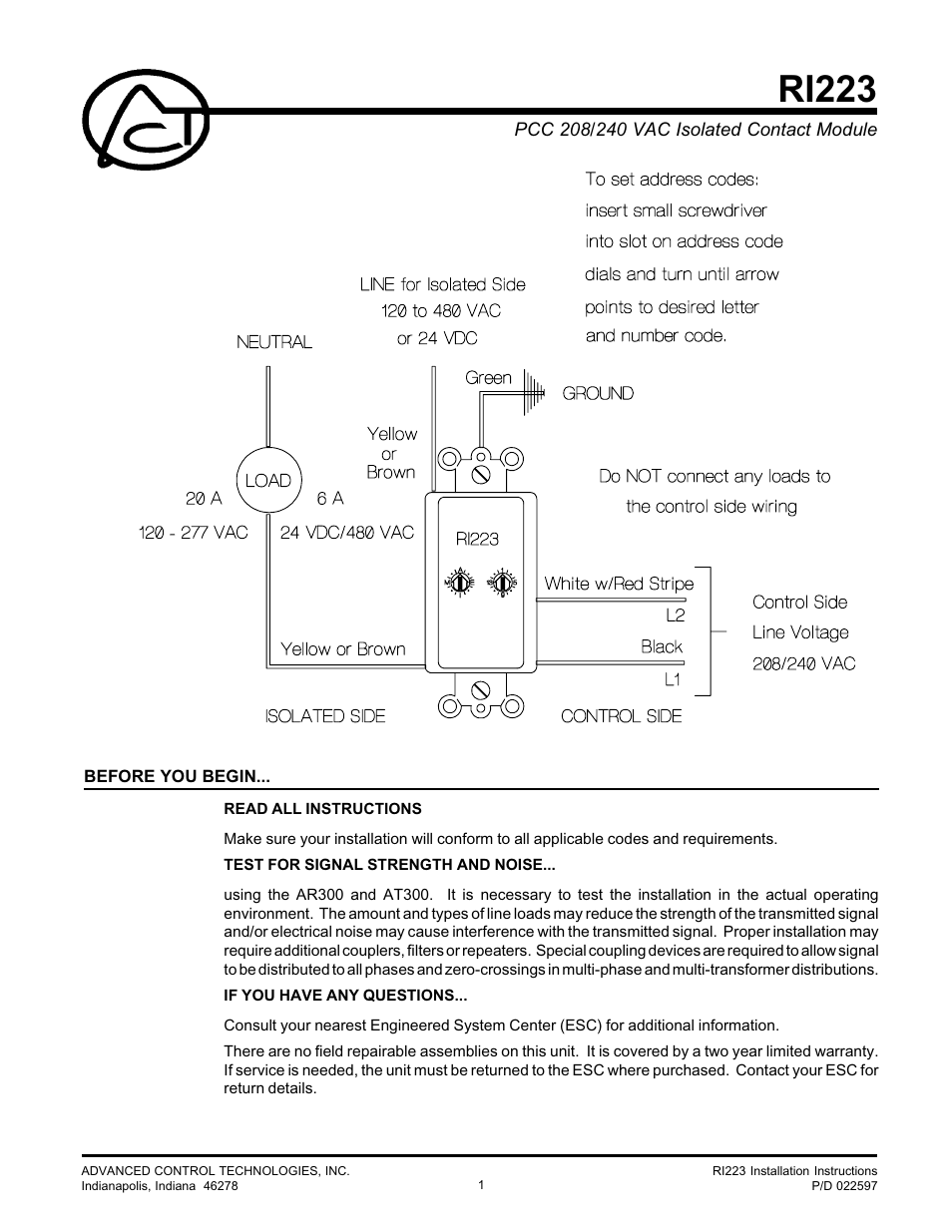 Advanced Control Technologies RI223 (ISOLATED CONTACT 20A,208/250 VAC, S.P.) User Manual | 2 pages