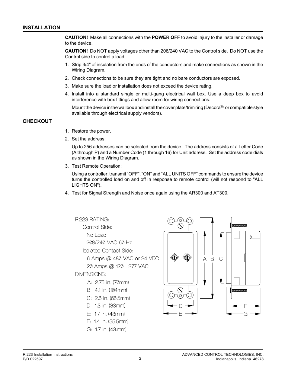Advanced Control Technologies RI223 (ISOLATED CONTACT 20A,208/250 VAC, S.P.) User Manual | Page 2 / 2
