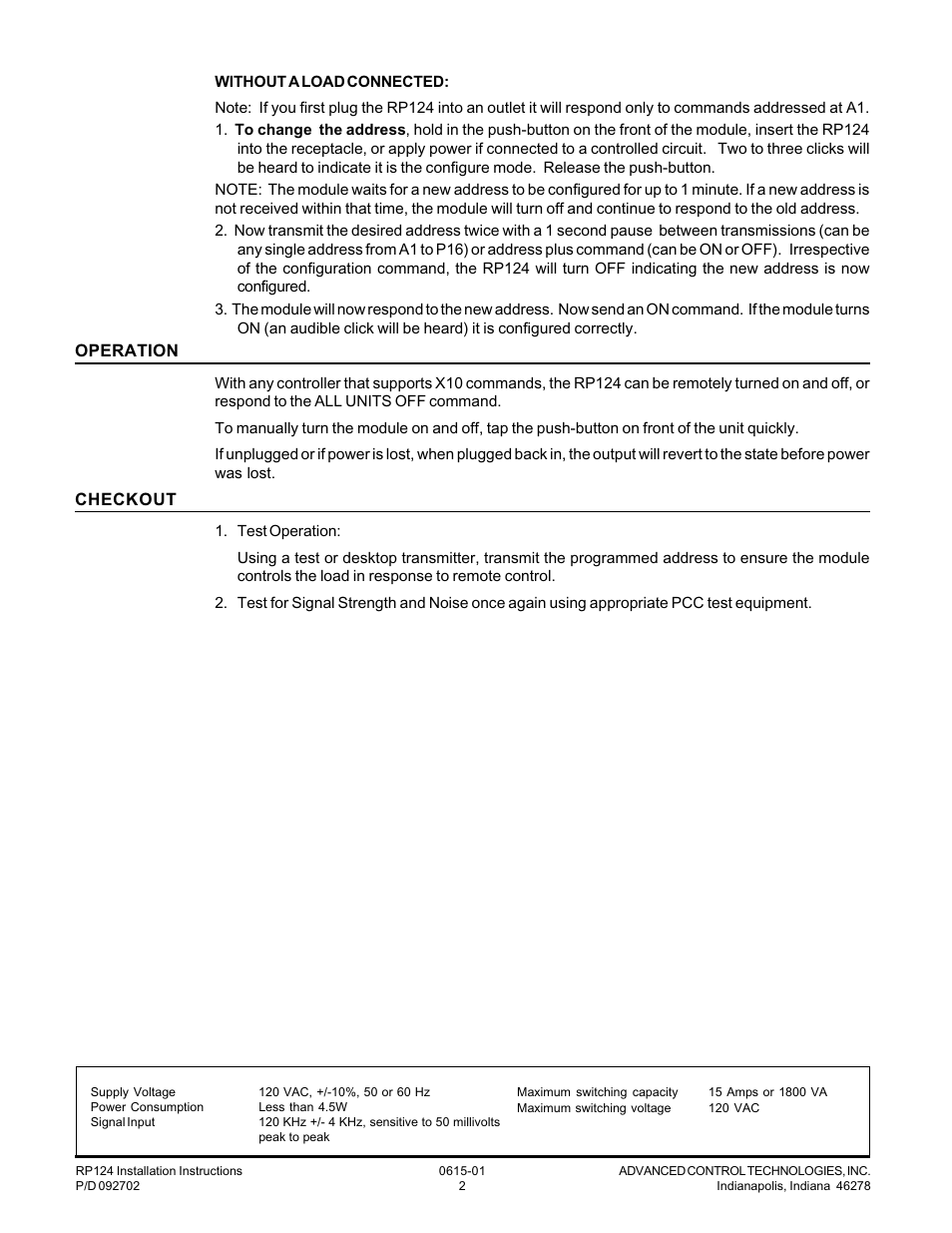 Advanced Control Technologies RP124 (A10 120VAC, 15A, PLUG-IN,RELAY RECEIVER) User Manual | Page 2 / 2